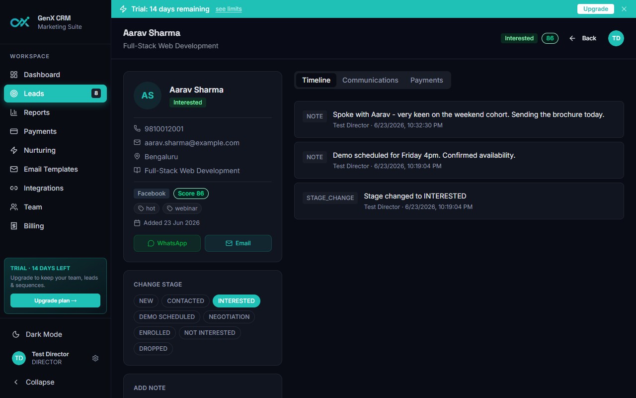 GenXCRM lead detail timeline with calls, WhatsApp and email